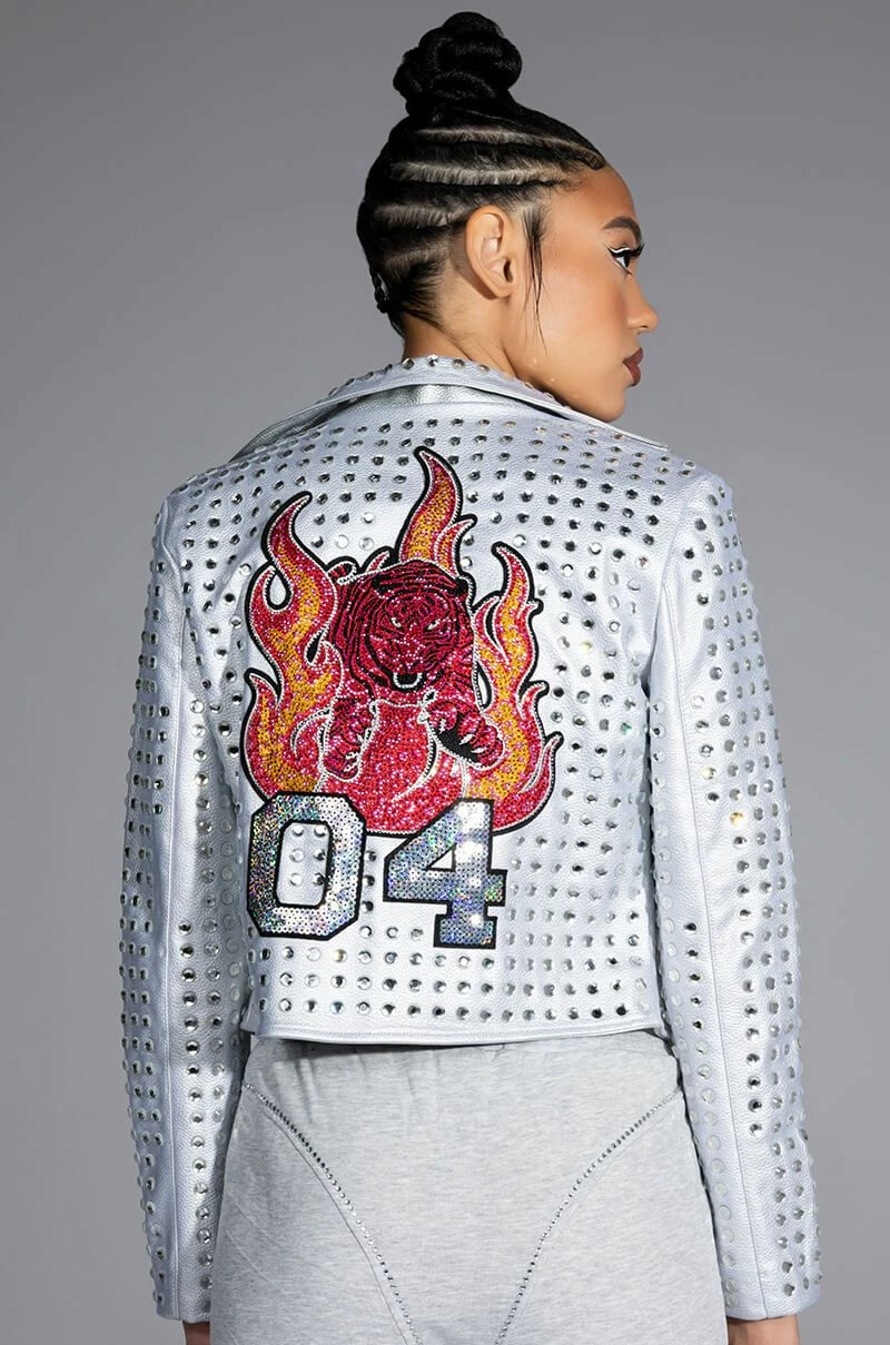 YEAR OF THE TIGER SILVER METALLIC RHINESTONE MOTO JACKET