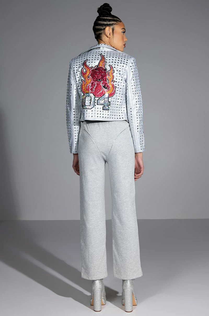 YEAR OF THE TIGER SILVER METALLIC RHINESTONE MOTO JACKET - Image 3