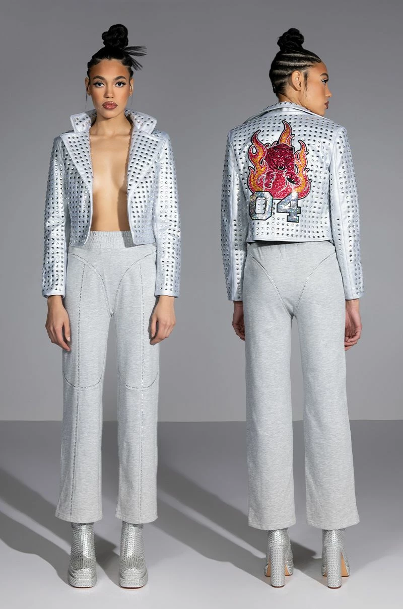 YEAR OF THE TIGER SILVER METALLIC RHINESTONE MOTO JACKET - Image 4