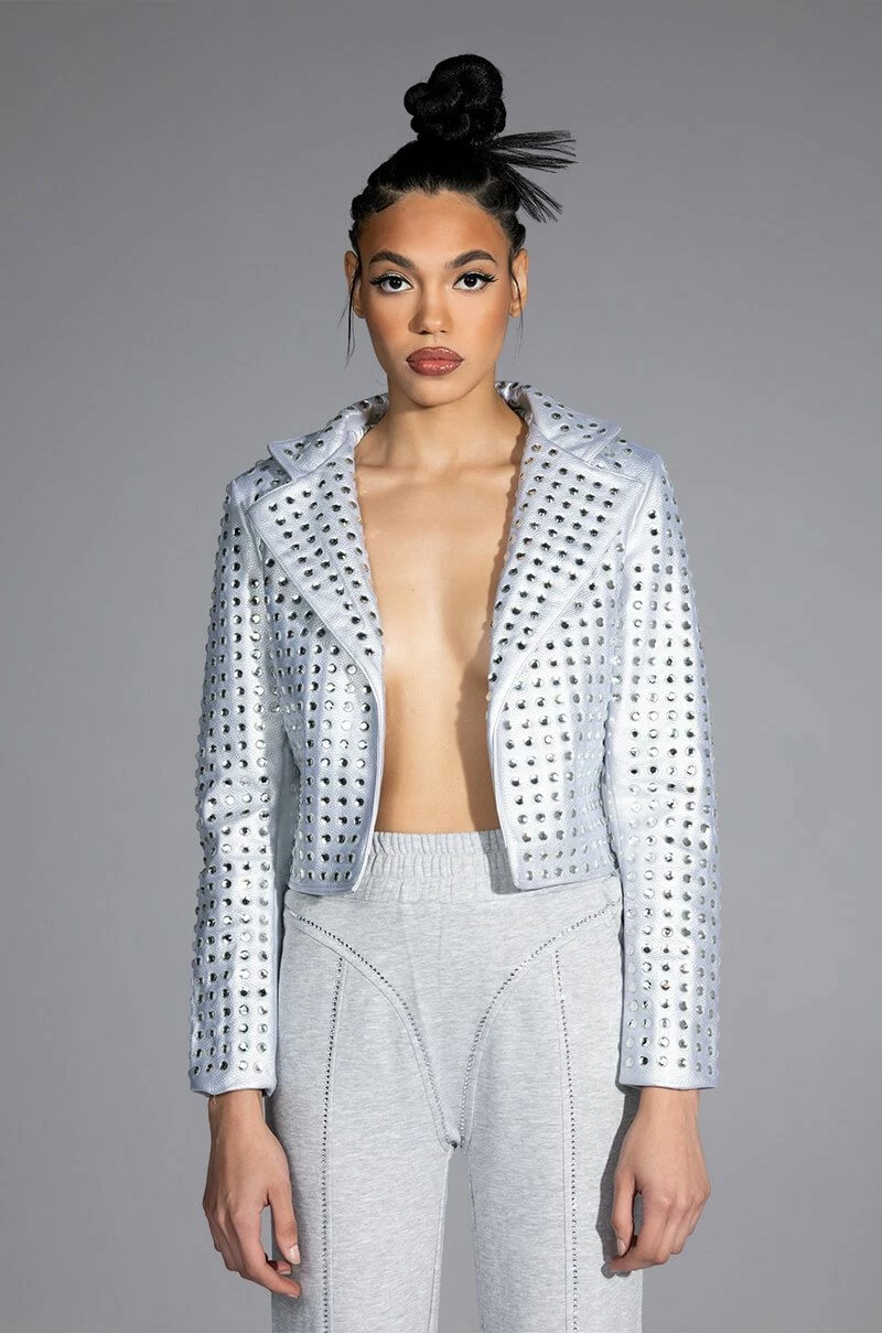 YEAR OF THE TIGER SILVER METALLIC RHINESTONE MOTO JACKET - Image 5