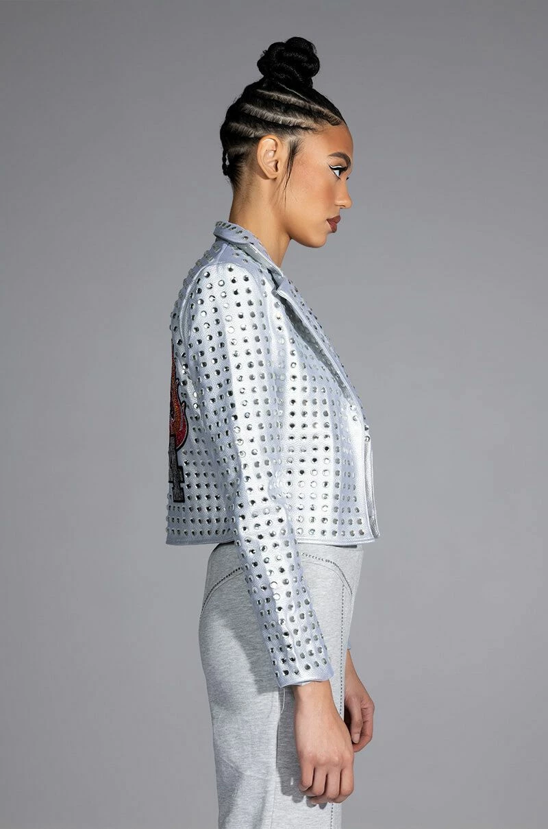 YEAR OF THE TIGER SILVER METALLIC RHINESTONE MOTO JACKET - Image 6