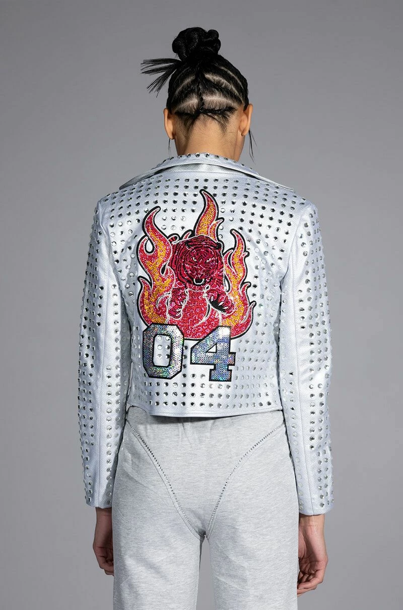 YEAR OF THE TIGER SILVER METALLIC RHINESTONE MOTO JACKET - Image 7