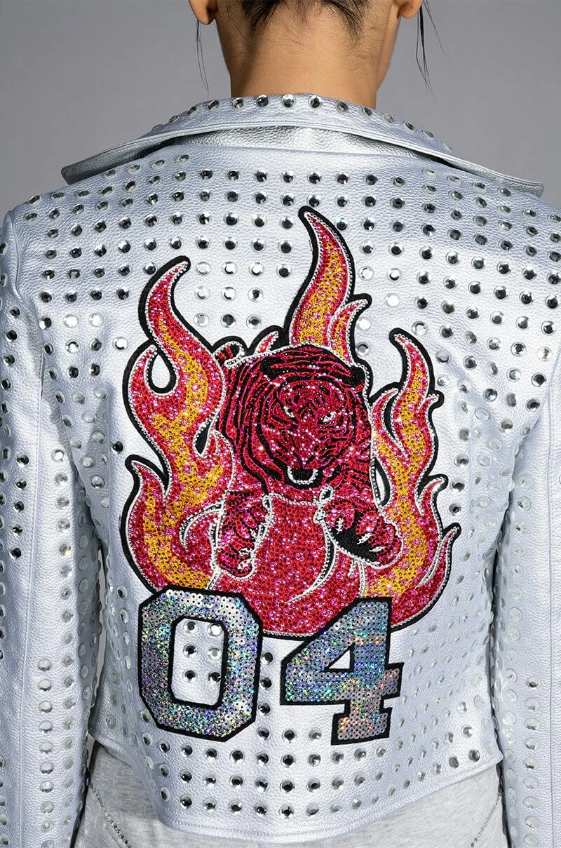 YEAR OF THE TIGER SILVER METALLIC RHINESTONE MOTO JACKET - Image 8